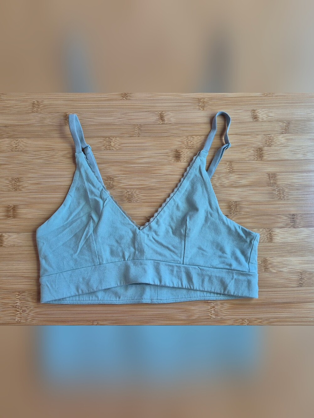 Pact Organic Cotton V-Neck Bralette with Lace Trim - Pale Green